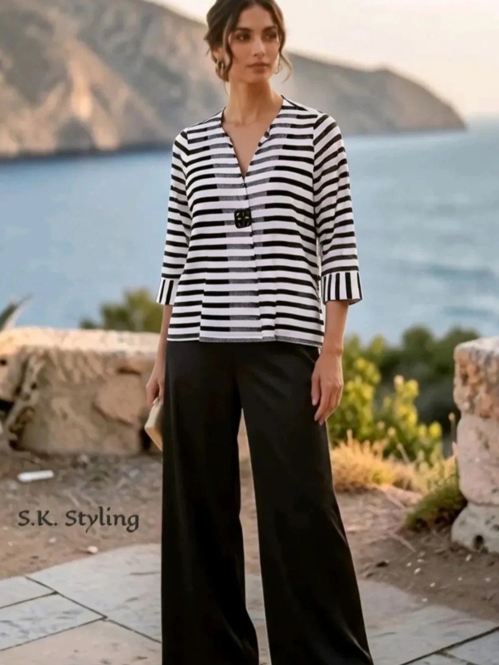 Striped Black & White Knit Jacket and Black Wide-Leg Pants Set
